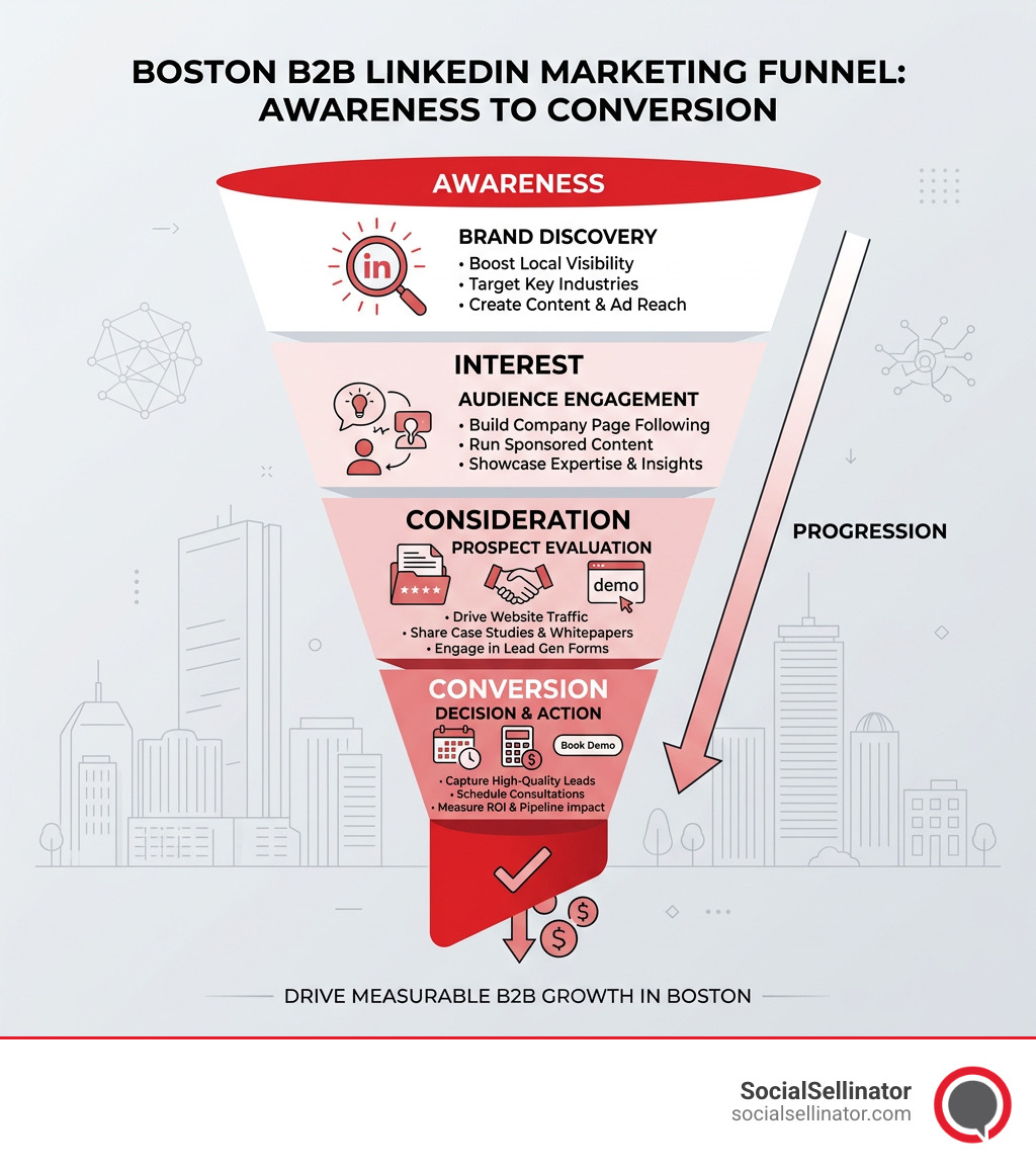 Boston B2B LinkedIn marketing funnel infographic showing stages from awareness to conversion - LinkedIn marketing agency