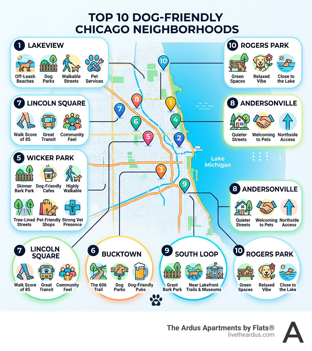 Map infographic of top 10 dog-friendly Chicago neighborhoods with key amenities icons - dog friendly neighborhoods chicago