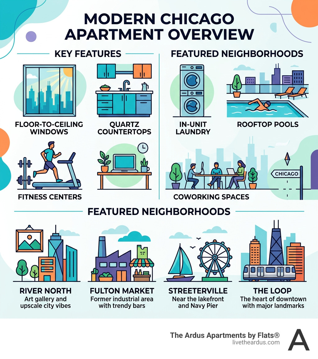 Key features and neighborhoods of modern apartments Chicago overview infographic - modern apartments Chicago infographic 