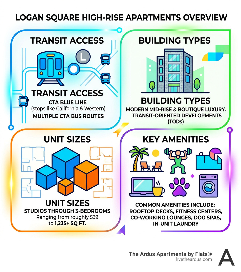 Infographic: Logan Square high-rise apartments overview including transit access, building types, unit sizes, and key