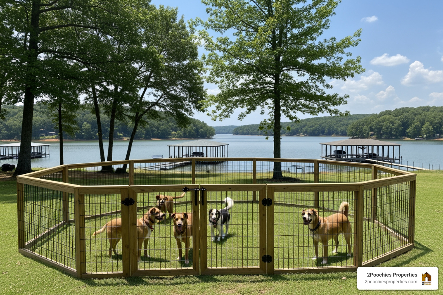 Luxury lakefront home with a fenced yard and dogs playing - enclosed play area lake rentals