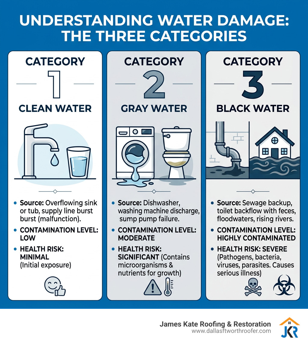 Infographic showing three categories of water damage: Category 1 clean water, Category 2 gray water, Category 3 black water Infographic showing three categories of water damage: Category 1 clean water, Category 2 gray water, Category 3 black water