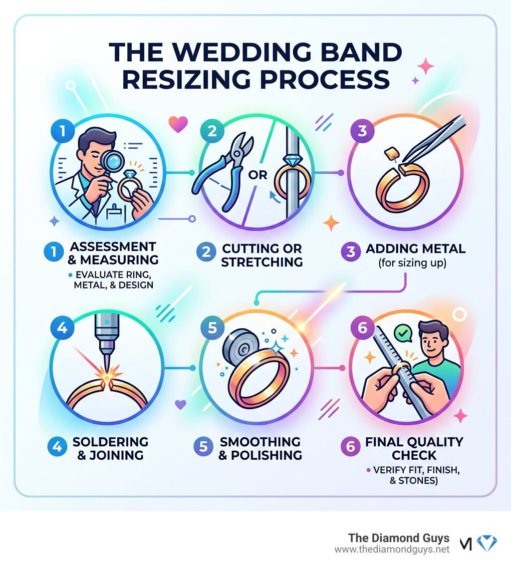 Step-by-step infographic of the wedding band resizing process from assessment to polishing - Resizing wedding band