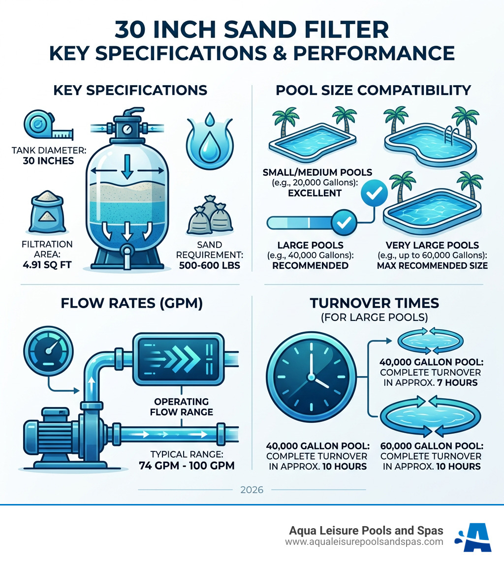 Infographic showing 30 inch sand filter key specs, pool size compatibility, flow rates, and turnover times - 30 inch sand Infographic showing 30 inch sand filter key specs, pool size compatibility, flow rates, and turnover times - 30 inch sand