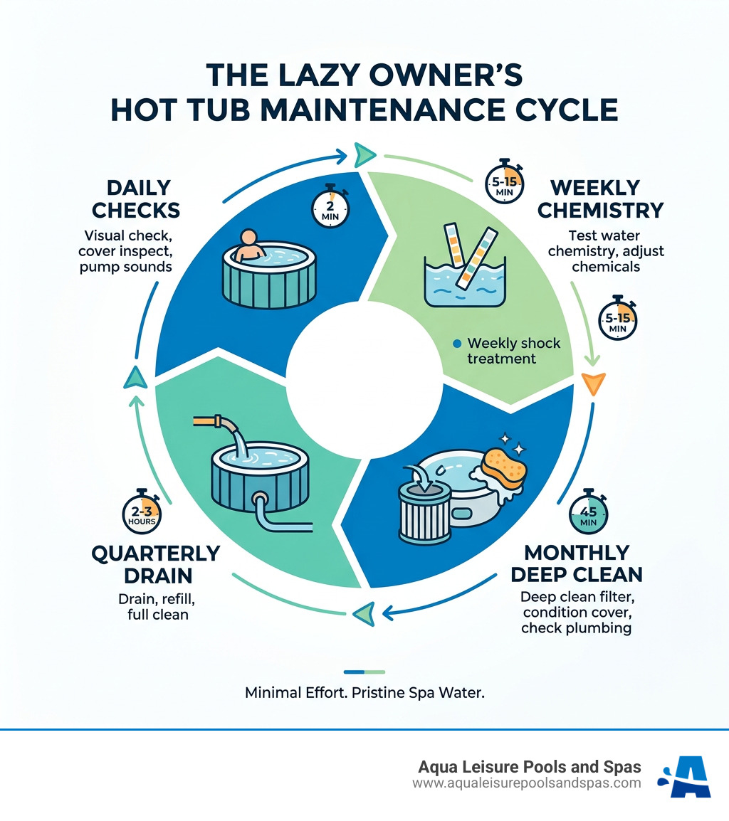 Lazy Owner hot tub maintenance cycle: daily checks, weekly chemistry, monthly deep clean, quarterly drain - Hot tub Lazy Owner hot tub maintenance cycle: daily checks, weekly chemistry, monthly deep clean, quarterly drain - Hot tub