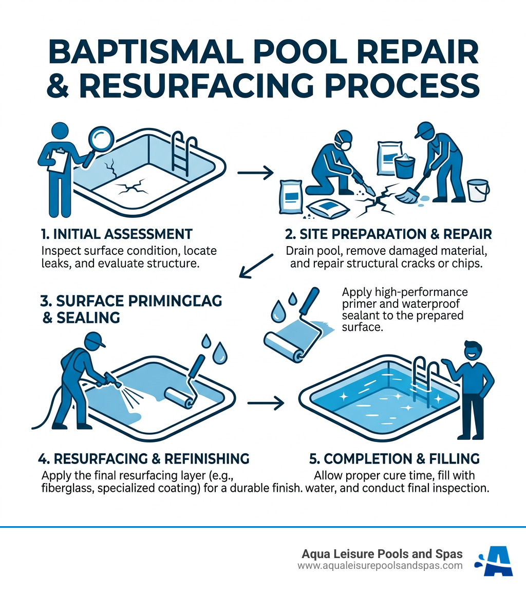 Baptismal pool repair and resurfacing process steps from assessment to completion - baptismal pool repair infographic 