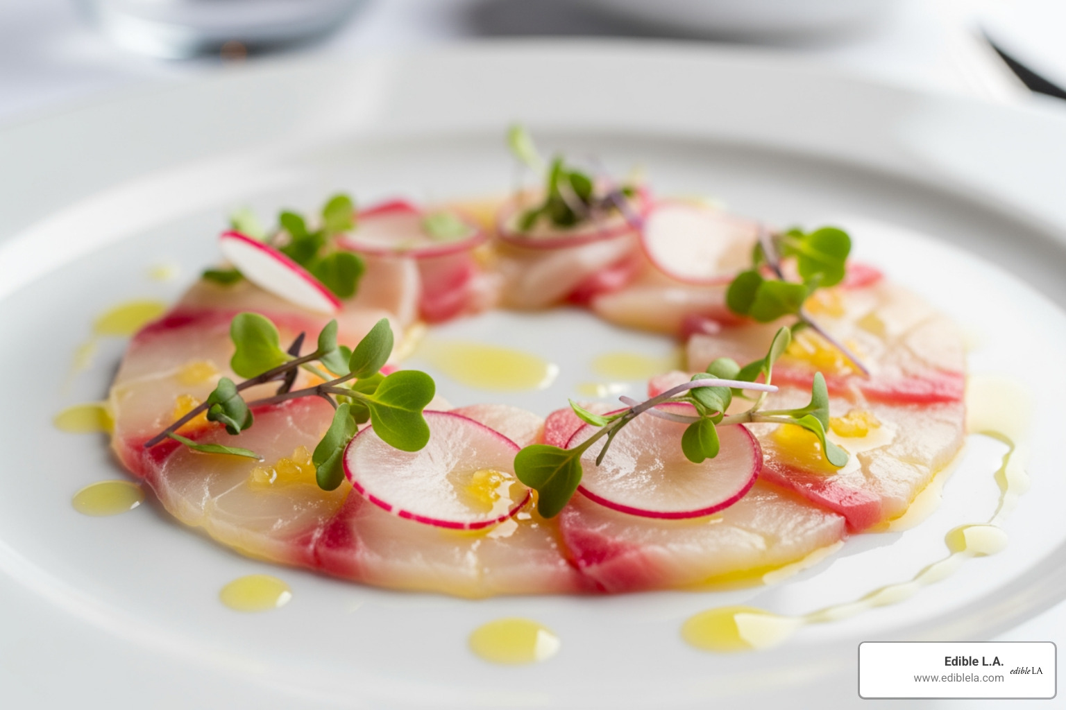 Thinly sliced hamachi arranged on a plate with radish garnishes and microgreens - hamachi crudo near me