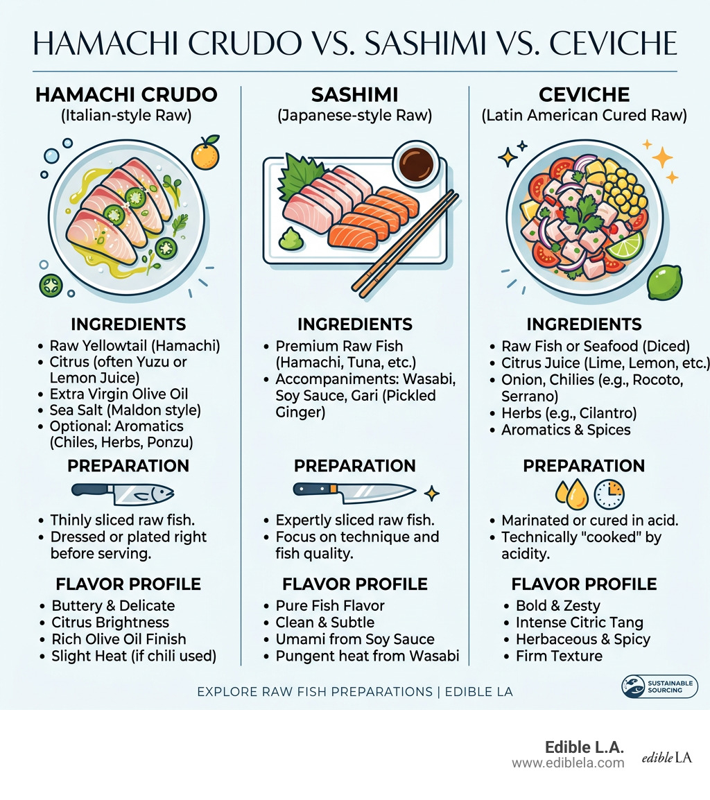 Infographic comparing hamachi crudo, sashimi, and ceviche: ingredients, preparation, and flavor profiles - hamachi crudo