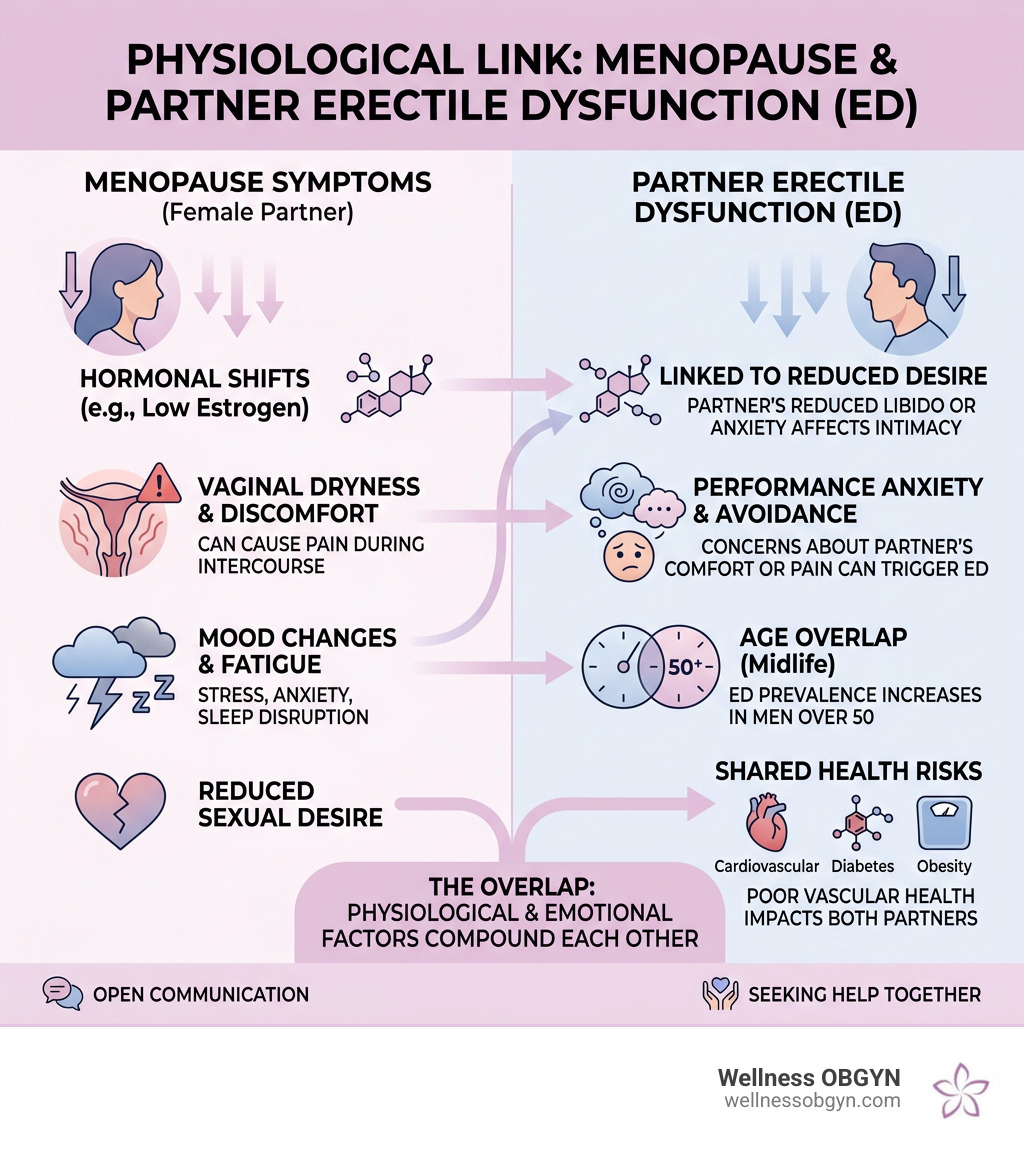 Infographic showing physiological link between menopause symptoms and partner erectile dysfunction in midlife couples Infographic showing physiological link between menopause symptoms and partner erectile dysfunction in midlife couples