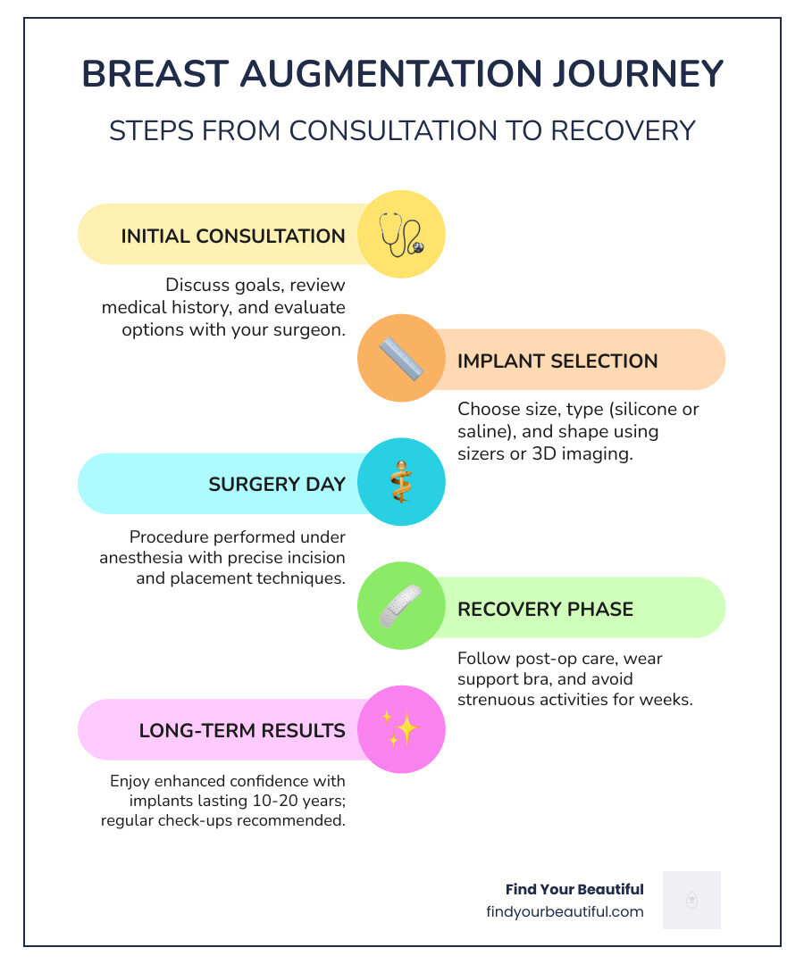 Breast augmentation journey infographic showing steps from consultation to recovery - breast implants near me infographic