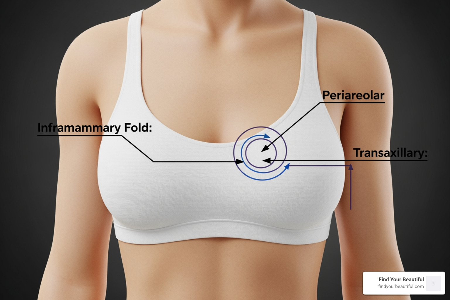 Diagram showing common surgical incision sites for breast implants - breast implants near me