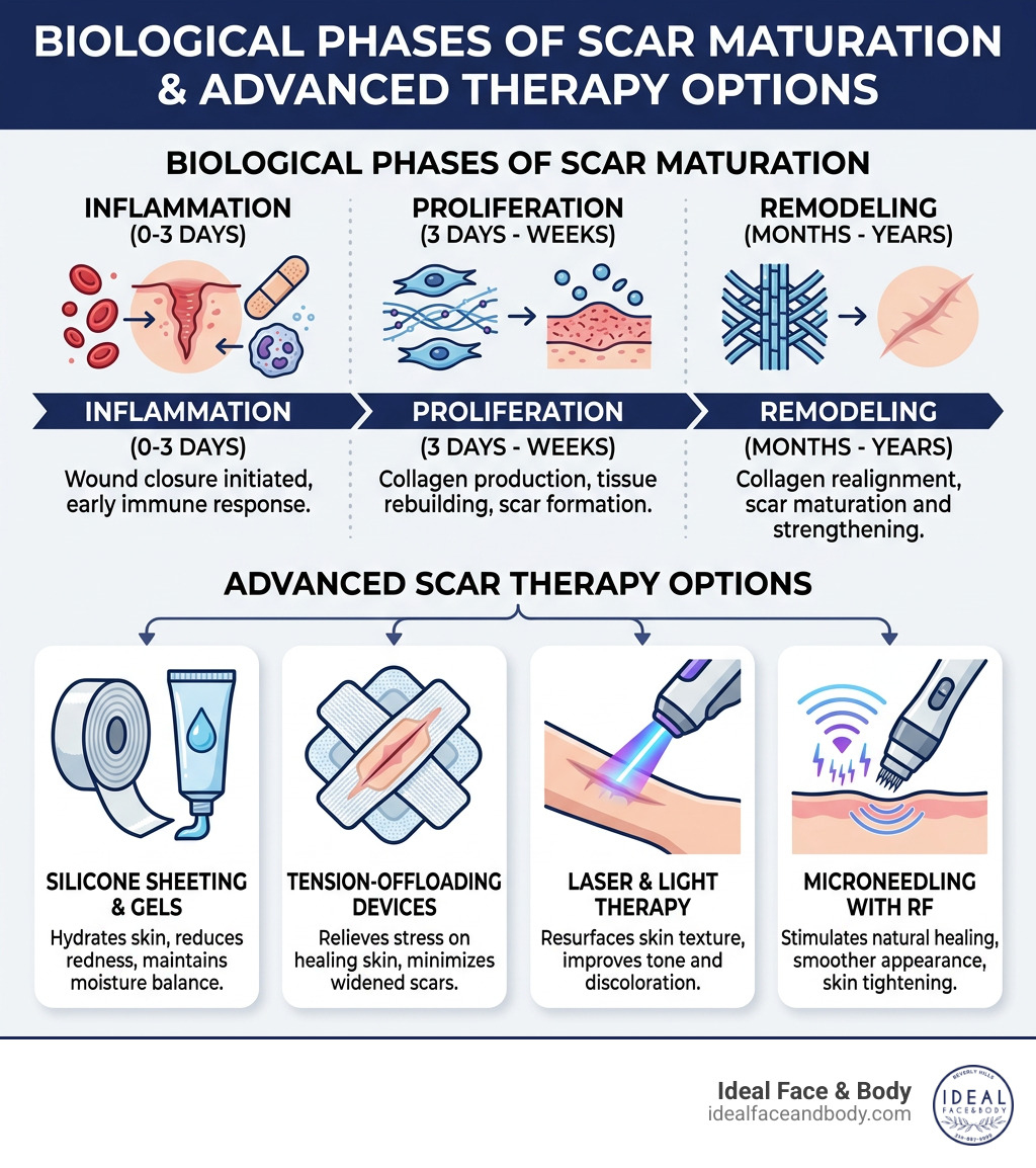 Infographic showing biological phases of scar maturation and advanced scar therapy options - Advanced scar therapy Infographic showing biological phases of scar maturation and advanced scar therapy options - Advanced scar therapy