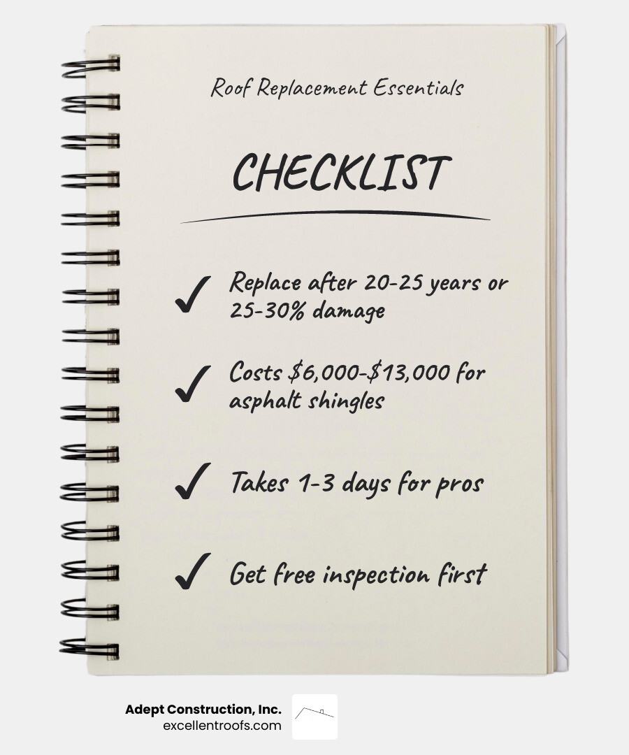 Infographic showing key facts about home roof replacement: signs, costs, materials, timeline, and insurance basics - home