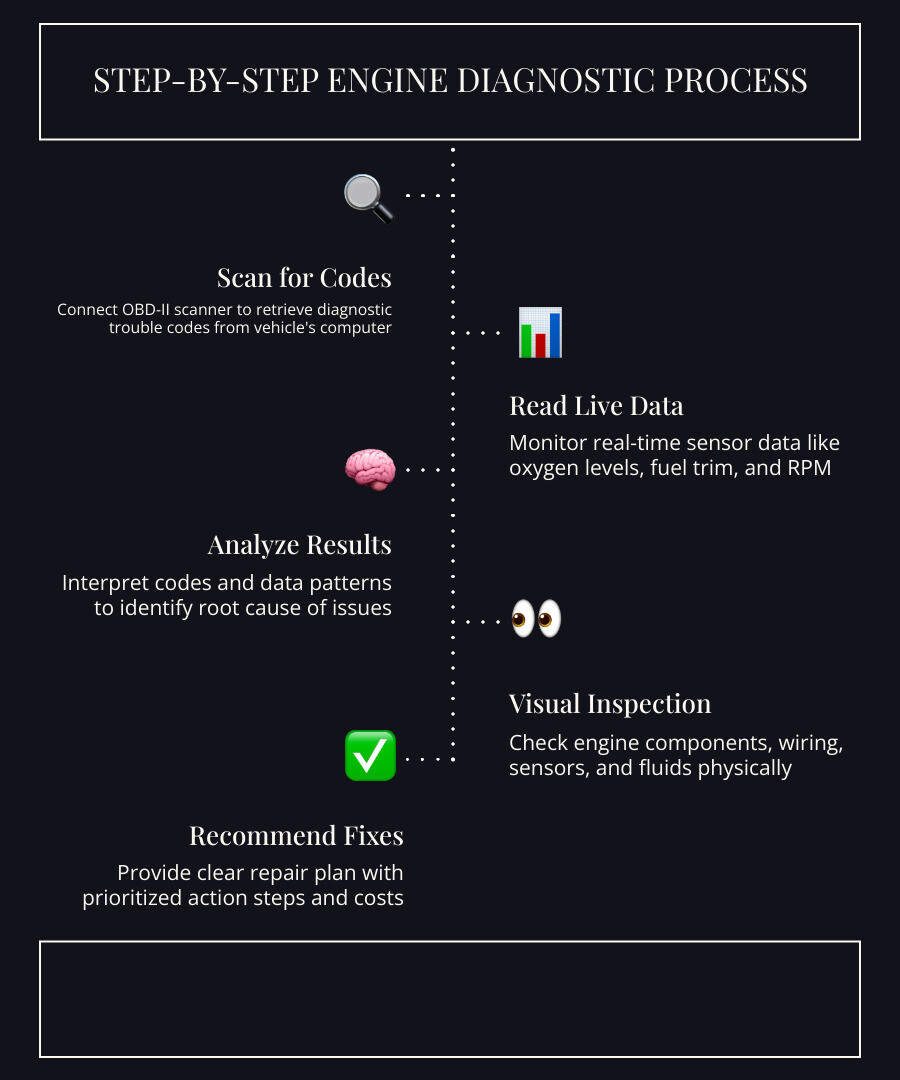 Step-by-step engine diagnostic process infographic for Kelso drivers - engine diagnostics kelso infographic