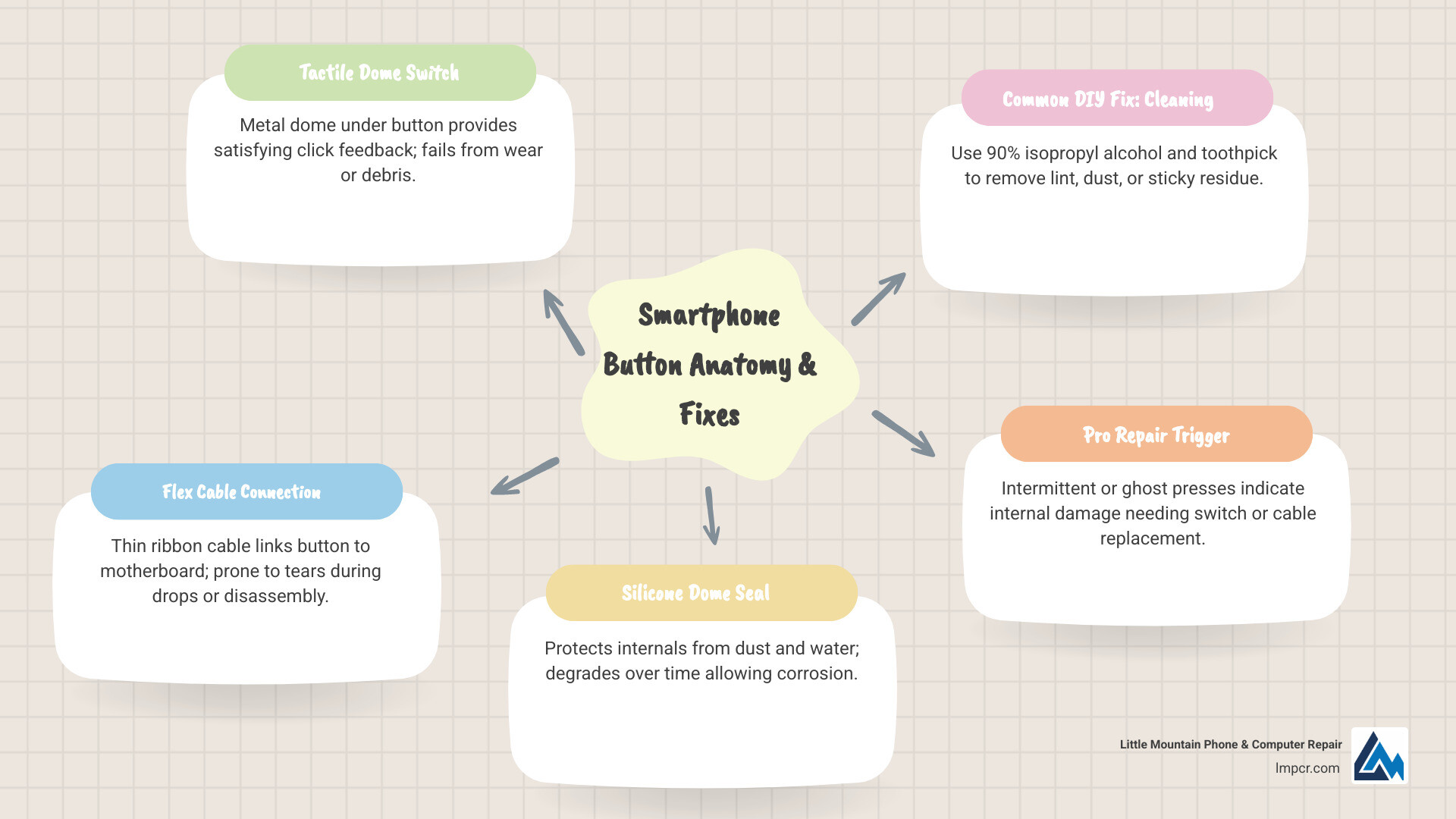Infographic showing smartphone button anatomy, common failure causes, DIY fixes, and when to seek professional repair