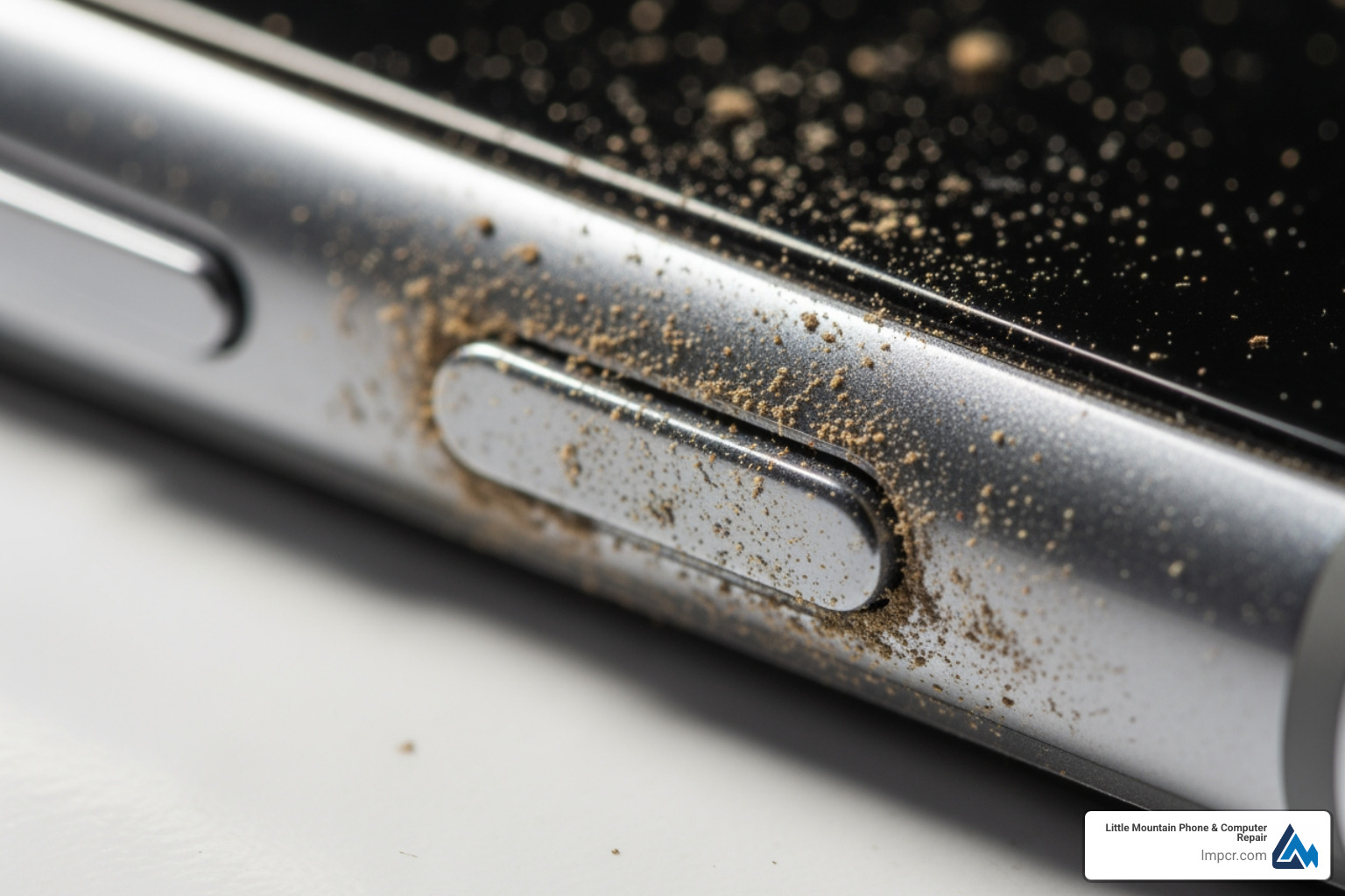 dust and debris buildup around a volume rocker - phone button repair