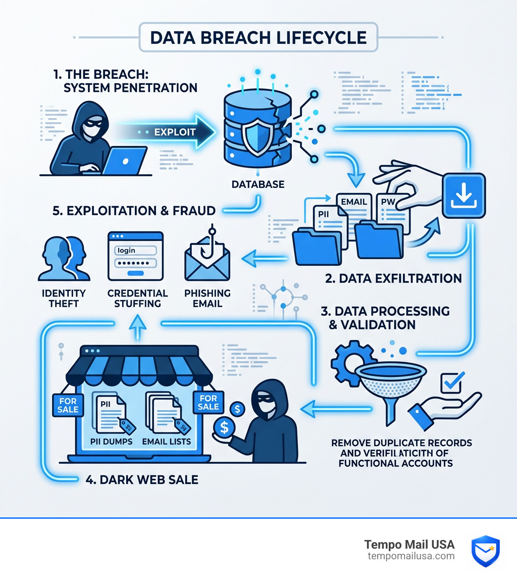 Infographic showing the lifecycle of a data breach from initial hack to data sale on the dark web - how to check if data was Infographic showing the lifecycle of a data breach from initial hack to data sale on the dark web - how to check if data was