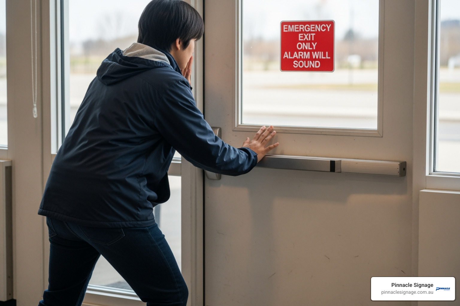 Close-up of a restricted access door featuring a clear "Emergency Exit Only" sticker, warning that an emergency exit only alarm will sound if opened.
