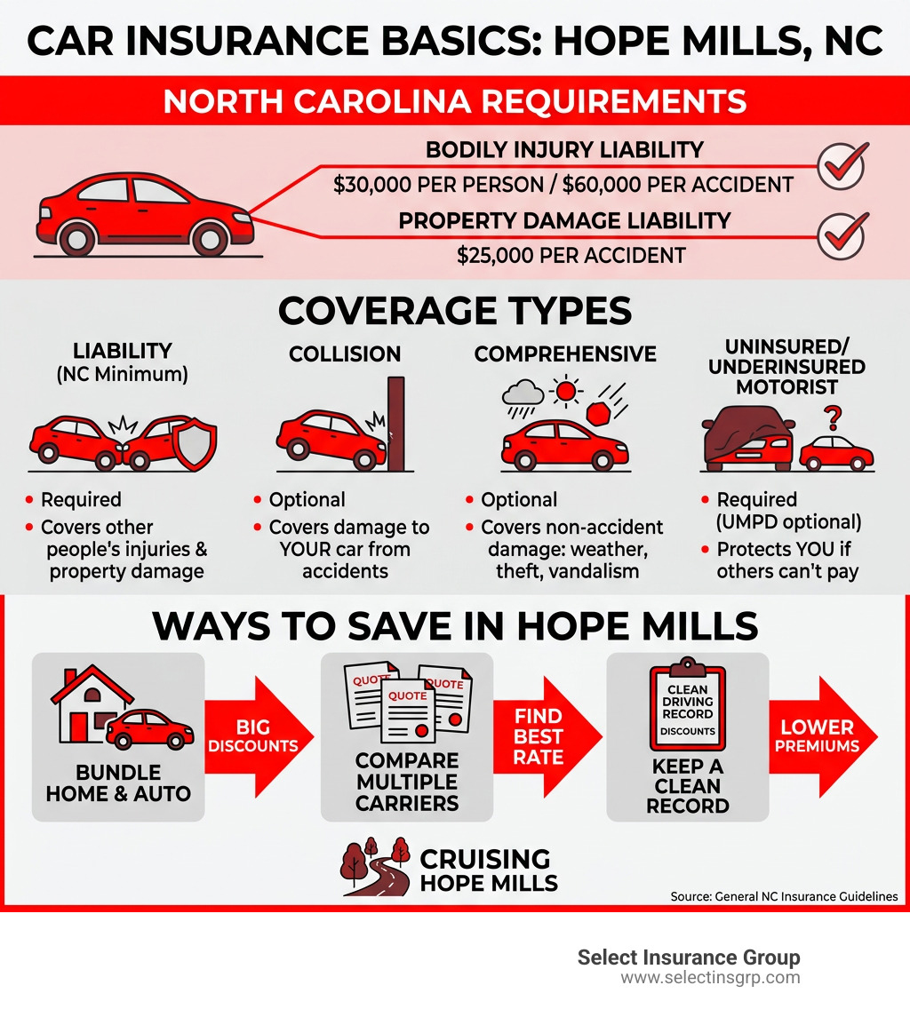 Car insurance basics infographic: NC requirements, coverage types, and ways to save in Hope Mills - car insurance hope mills