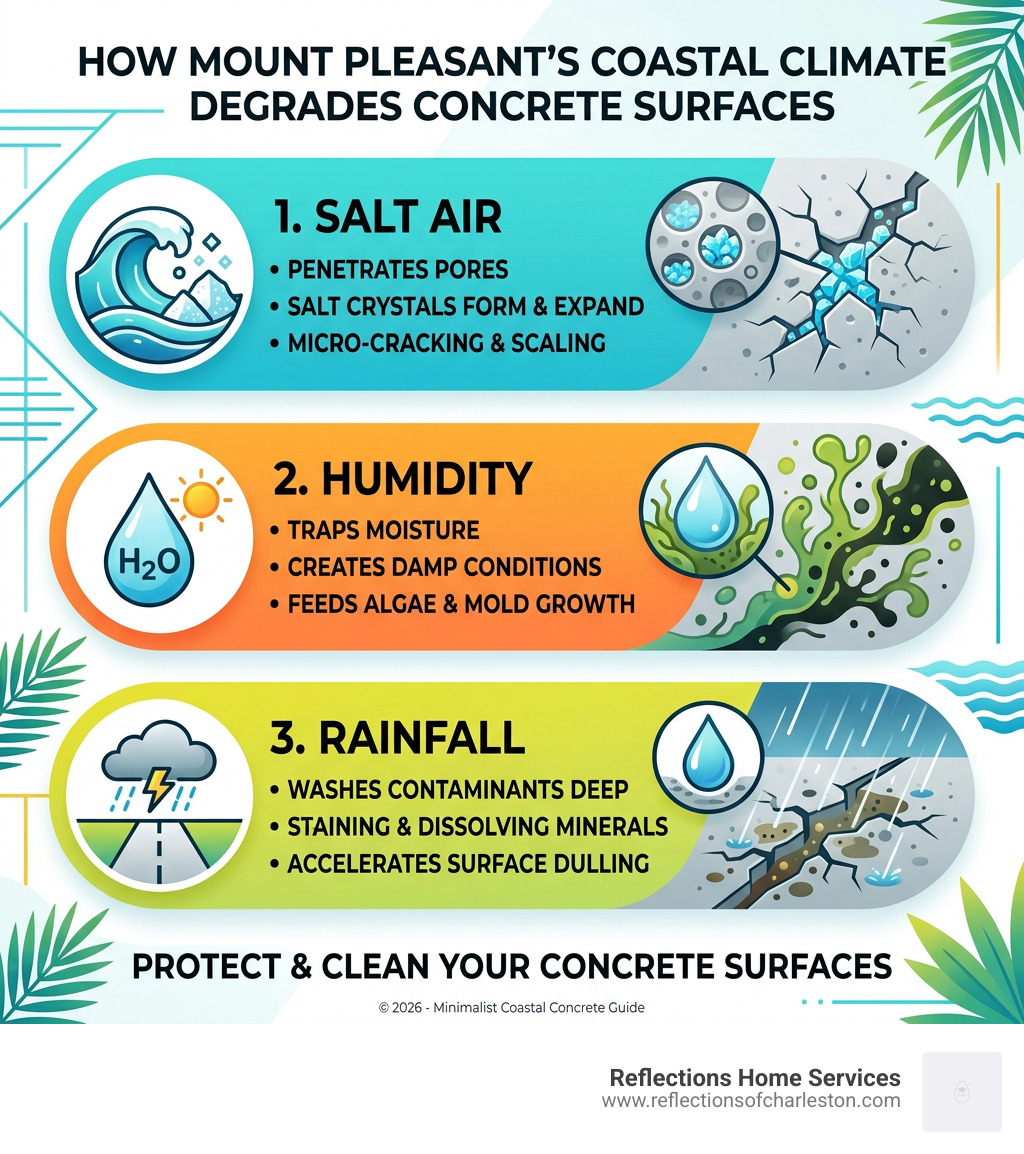 Infographic: How salt air, humidity, and rainfall degrade concrete surfaces in Mount Pleasant's coastal climate - mount Infographic: How salt air, humidity, and rainfall degrade concrete surfaces in Mount Pleasant's coastal climate - mount