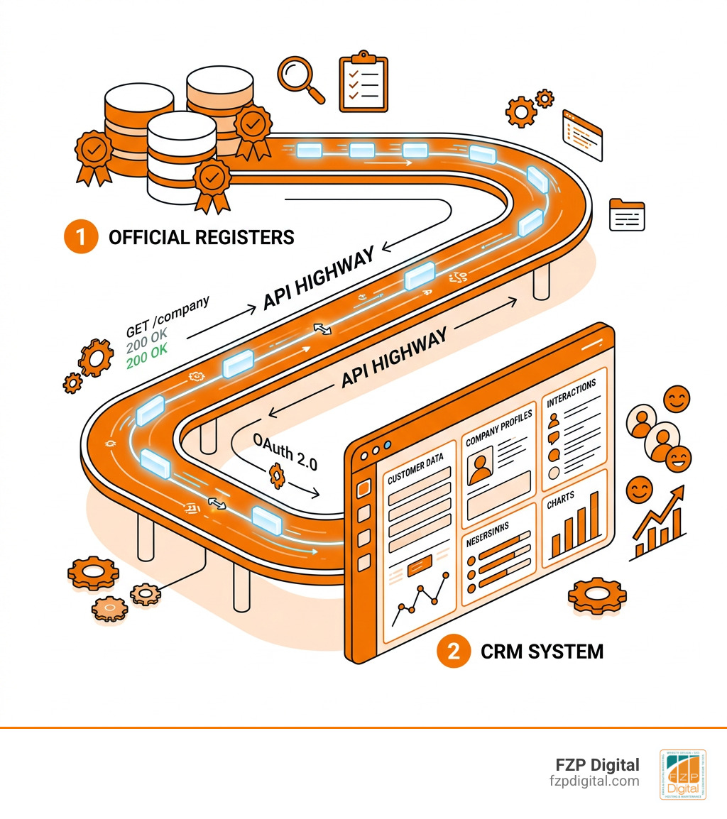 Infographic showing company data flowing from official registers through an API highway into a CRM system step by step - how Infographic showing company data flowing from official registers through an API highway into a CRM system step by step - how