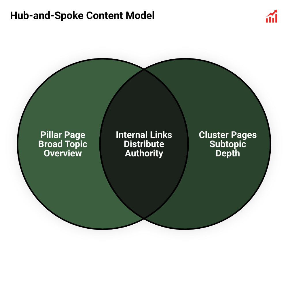 Hub-and-spoke content cluster model showing pillar page connected to cluster pages via internal links - Content cluster