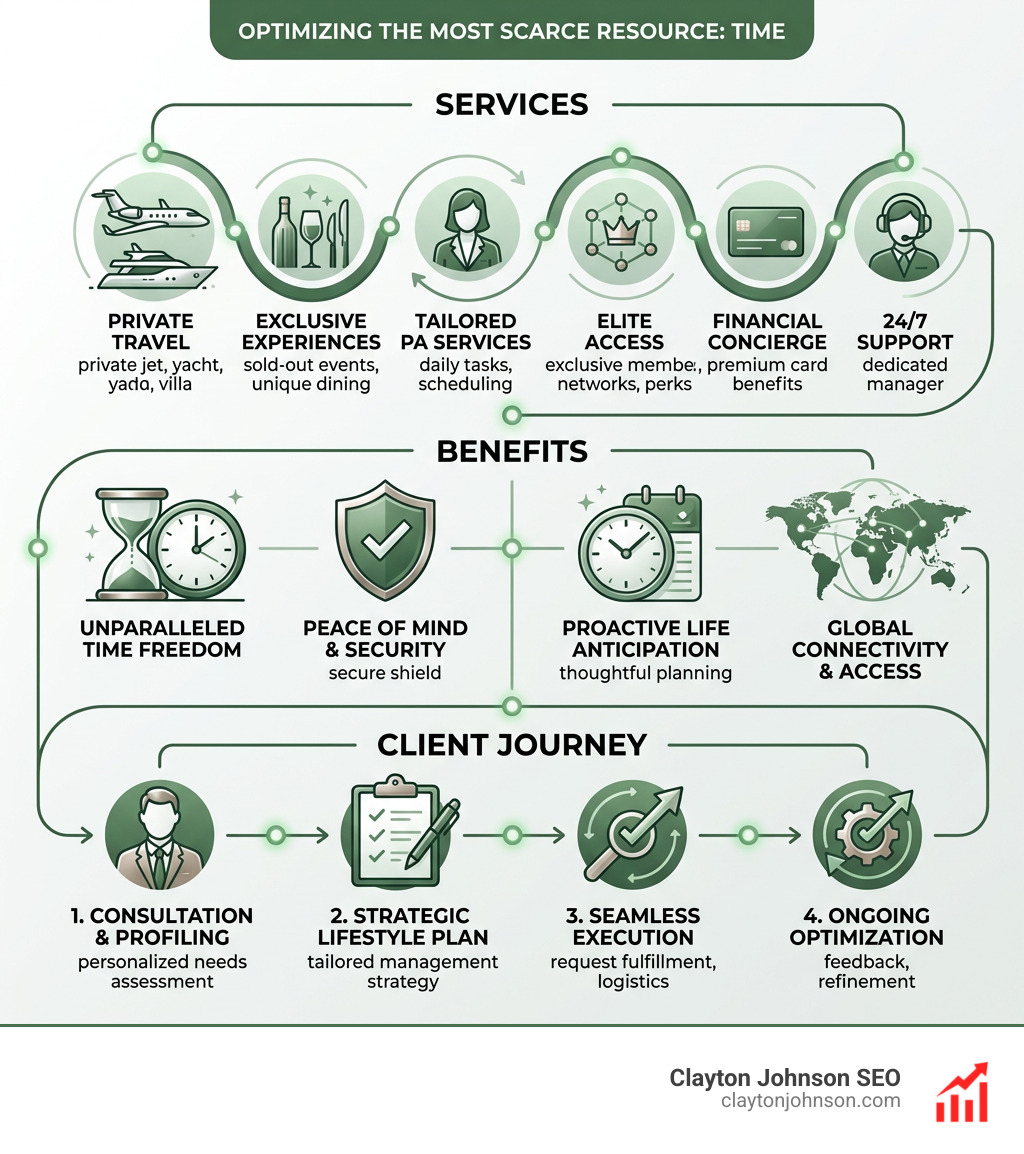 Lifestyle management ecosystem infographic showing services, benefits, and client journey for UHNWIs - high-end concierge