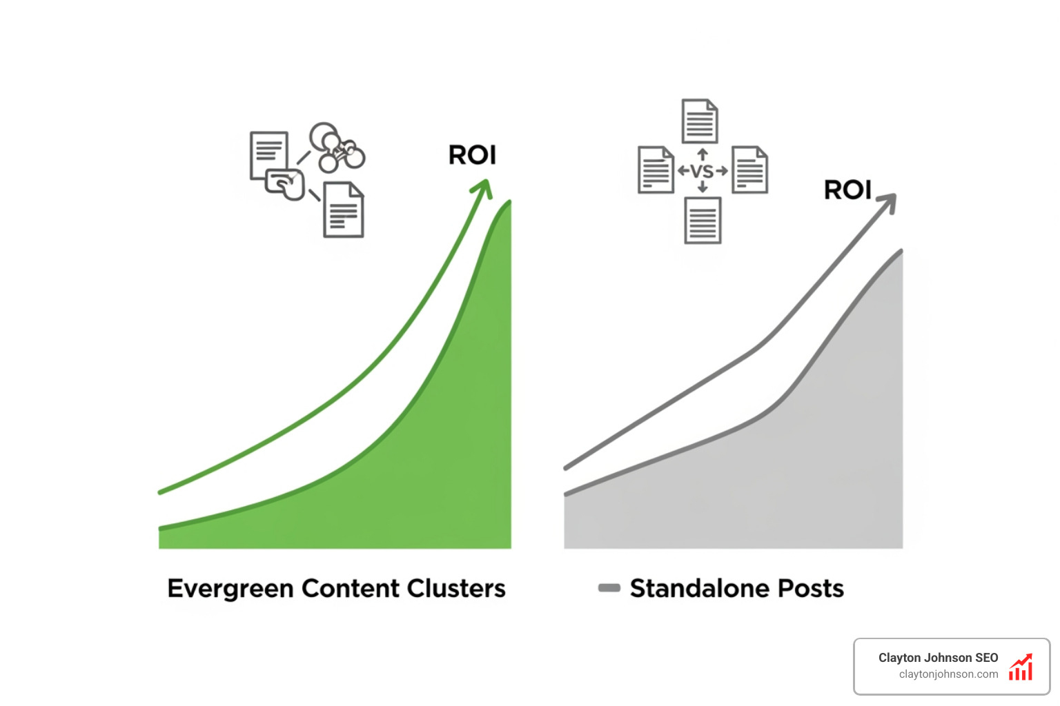 Graphic representing the compounding ROI of evergreen content clusters versus standalone posts - Content cluster strategy