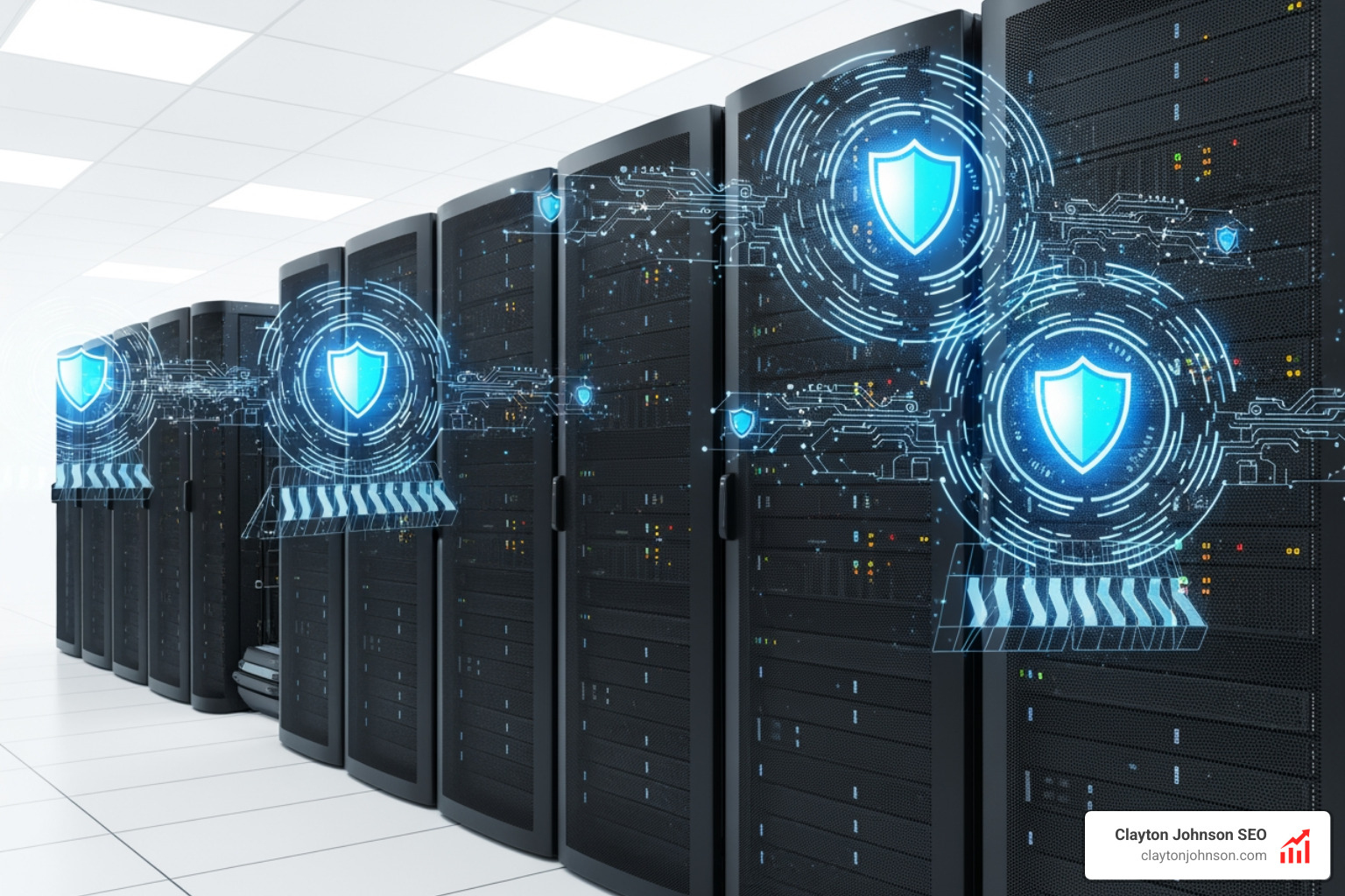 Modern business server room protected by digital shields - cyber liability insurance coverages