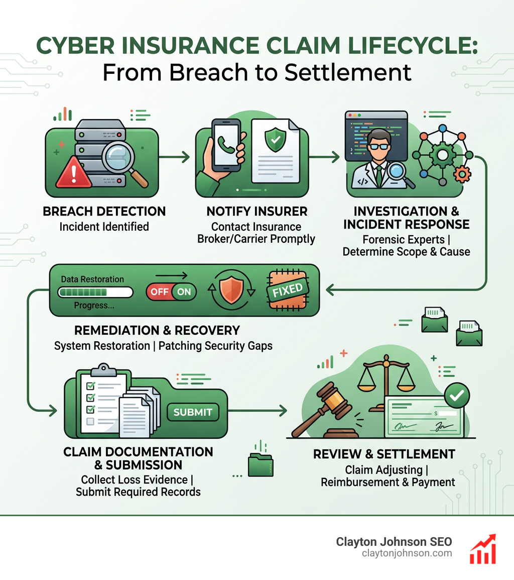Lifecycle of a cyber insurance claim from breach detection to settlement - cyber liability insurance coverages infographic 