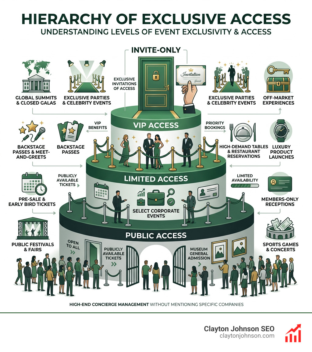 Infographic showing the hierarchy of exclusive access from public to invite-only events - high-end concierge lifestyle
