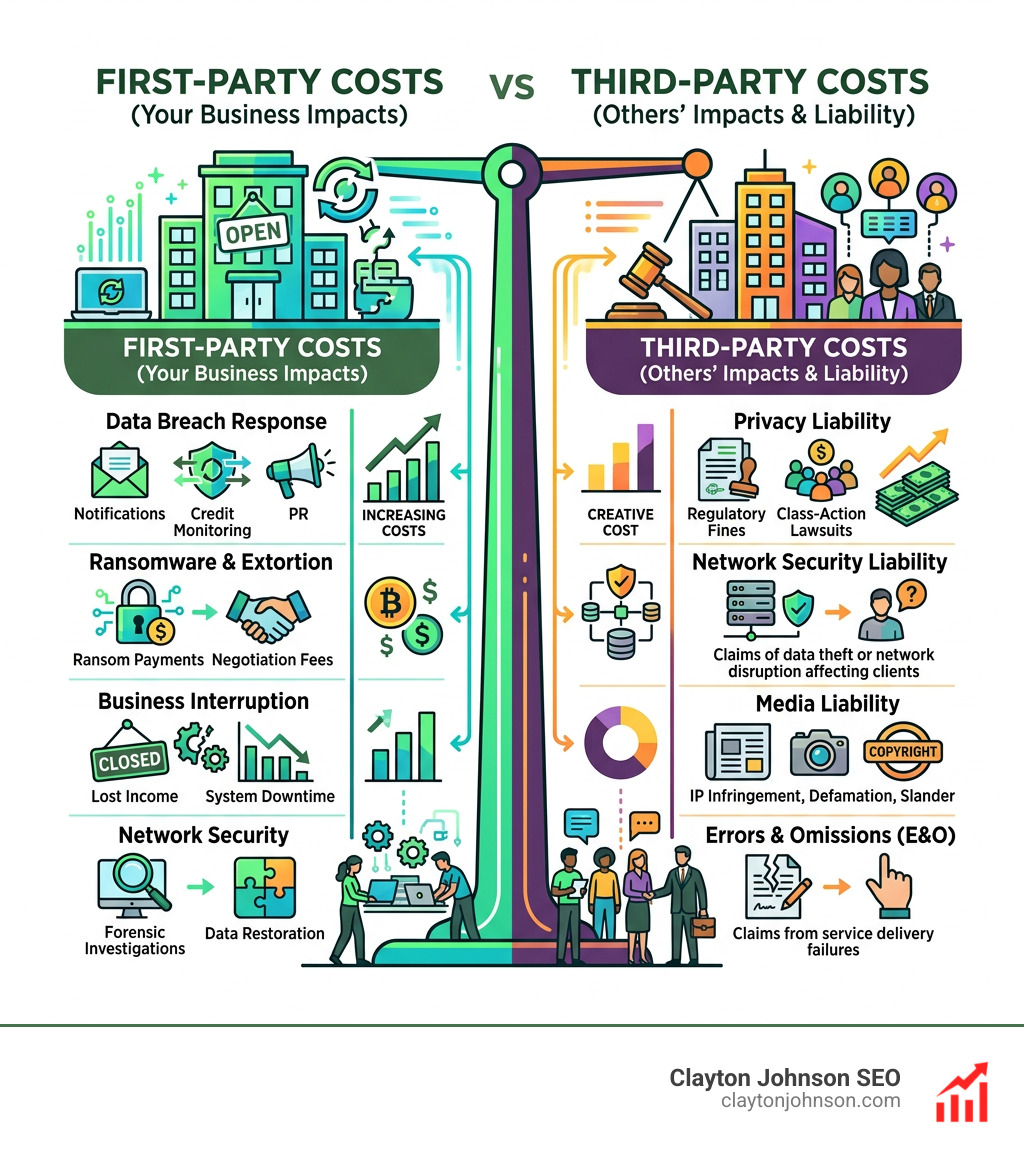 Comparison of first-party vs third-party cyber insurance costs - cyber liability insurance coverages infographic 