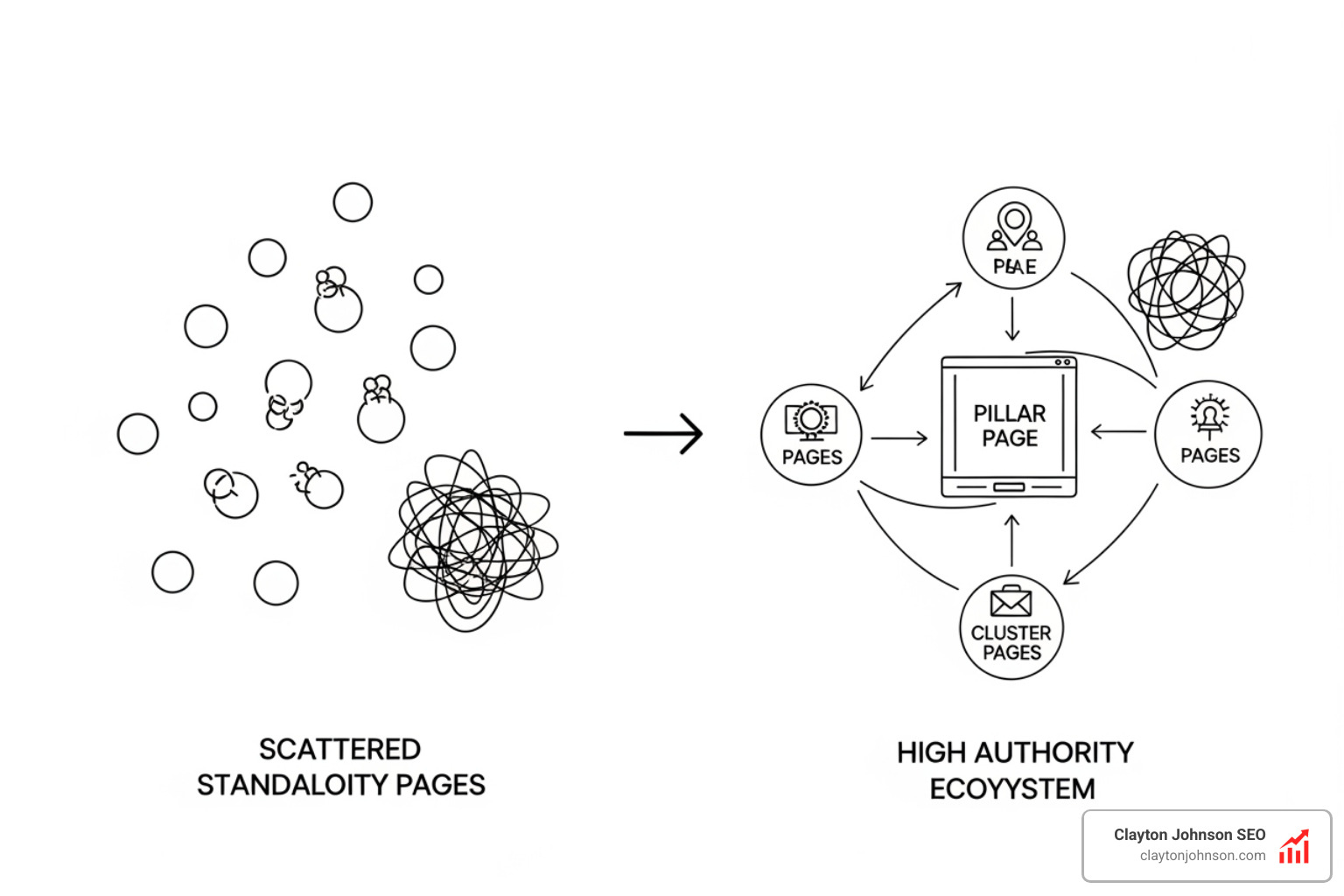 Graphic showing a website's transition from scattered pages to a structured, high-authority content cluster ecosystem