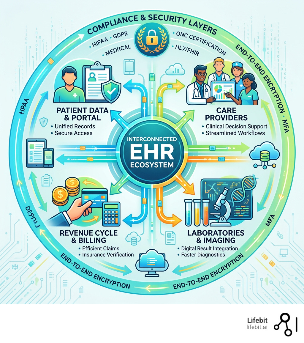 Infographic showing the interconnected EHR ecosystem: patient data, providers, labs, billing, and compliance layers - ehr Infographic showing the interconnected EHR ecosystem: patient data, providers, labs, billing, and compliance layers - ehr