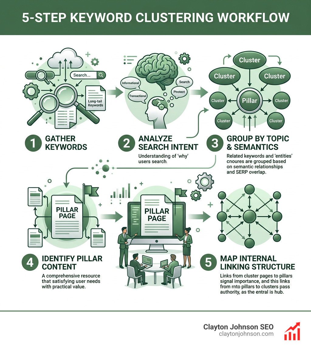 Corporate infographic showing a 5-step keyword clustering workflow - Content cluster strategy guide infographic 
