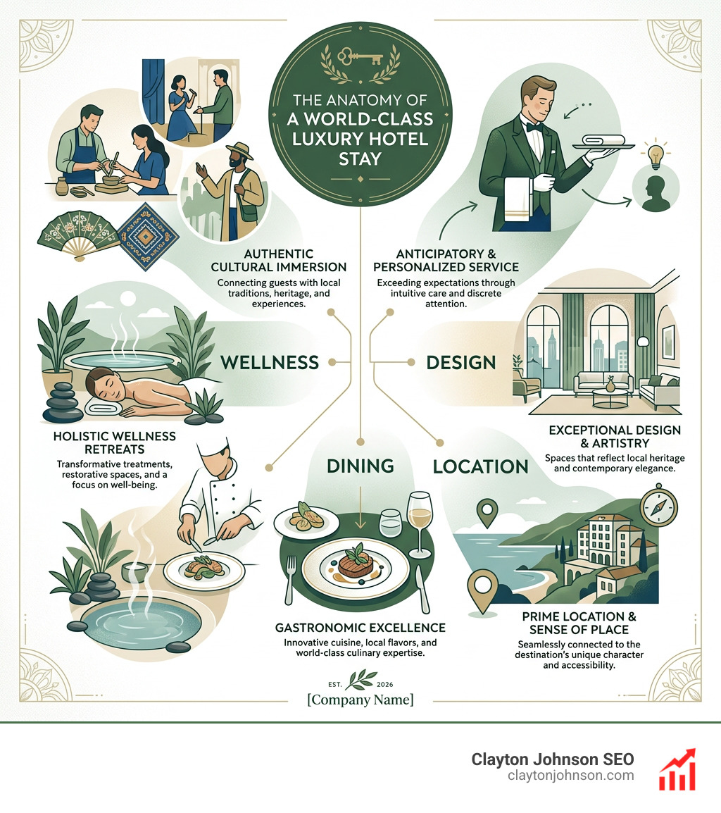 Anatomy of a world-class luxury hotel stay - service, design, location, dining, wellness, cultural immersion - best luxury