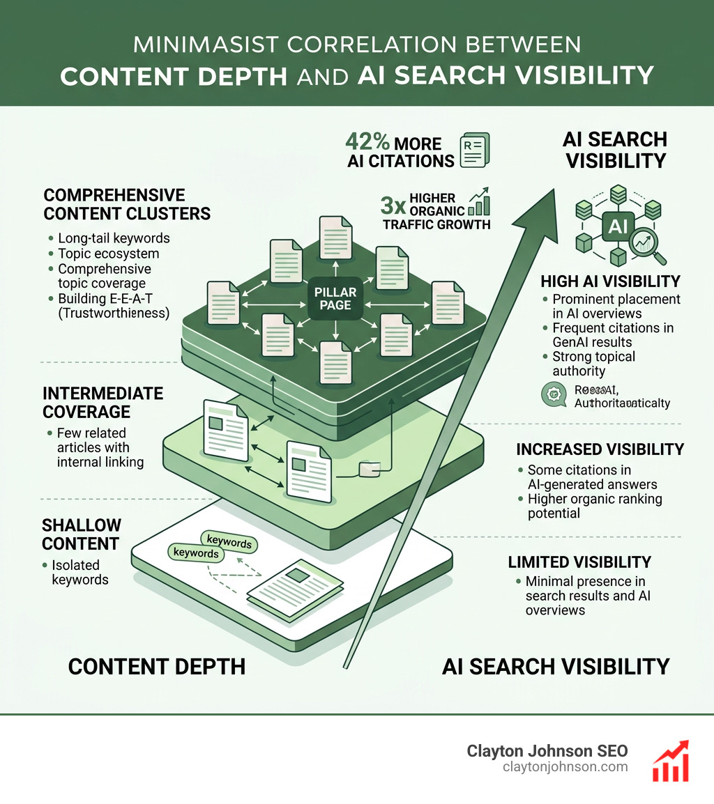 Infographic showing the correlation between content depth and AI search visibility - Content cluster strategy guide