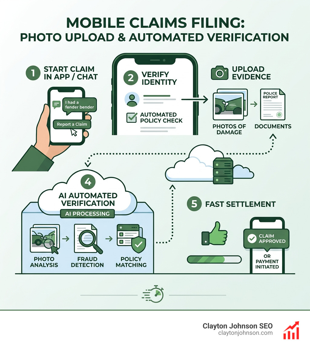 Mobile claims filing process showing photo upload and automated verification infographic - AI chatbots for insurance