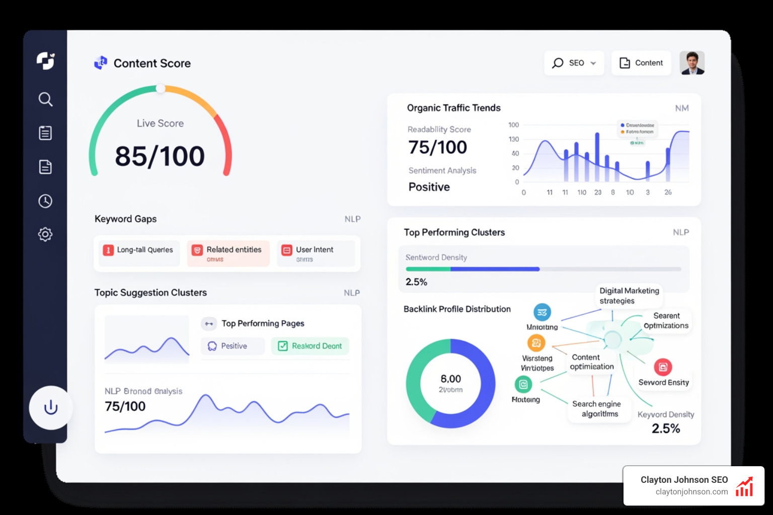 Real-time SEO scoring dashboard showing keyword gaps and topic suggestions - AI powered SEO tools