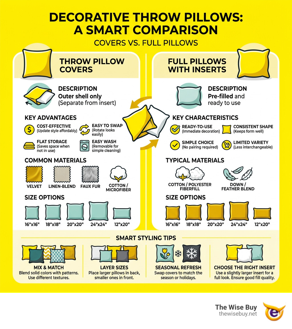 Infographic comparing throw pillow covers vs full pillows with inserts, sizes, materials, and styling tips - throw pillow