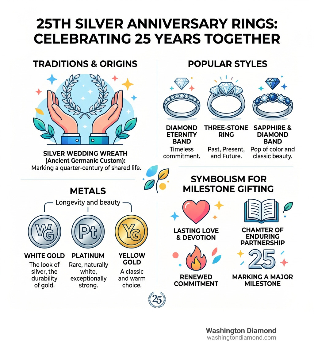 Infographic showing 25th silver anniversary ring traditions, popular styles, metals, and symbolism for milestone gifting