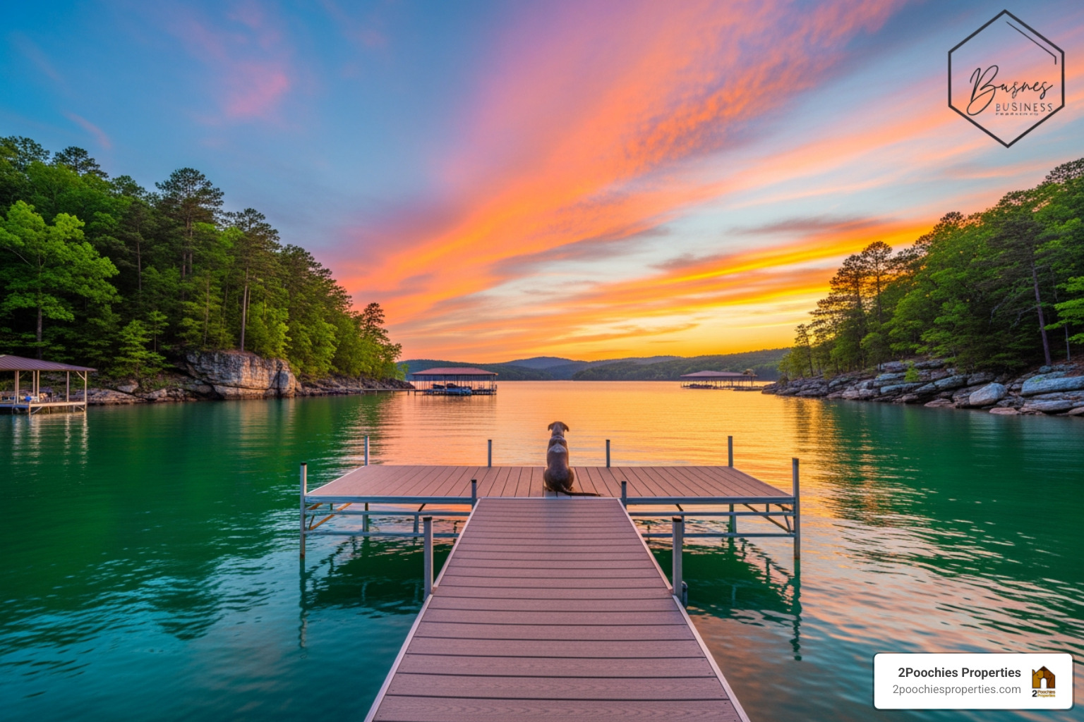 Stunning lakefront sunset on Smith Lake with a private dock and a dog sitting peacefully - house rentals on smith lake Stunning lakefront sunset on Smith Lake with a private dock and a dog sitting peacefully - house rentals on smith lake