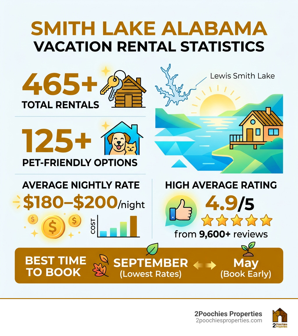 Smith Lake Alabama vacation rental statistics infographic: 465 rentals, pet-friendly options, pricing, ratings - house Smith Lake Alabama vacation rental statistics infographic: 465 rentals, pet-friendly options, pricing, ratings - house