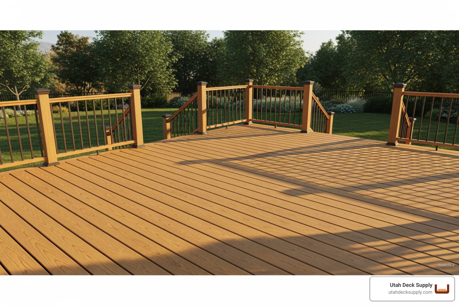 TimberTech Antique Leather composite deck boards in warm golden tones, Utah backyard, afternoon light - timbertech antique TimberTech Antique Leather composite deck boards in warm golden tones, Utah backyard, afternoon light - timbertech antique