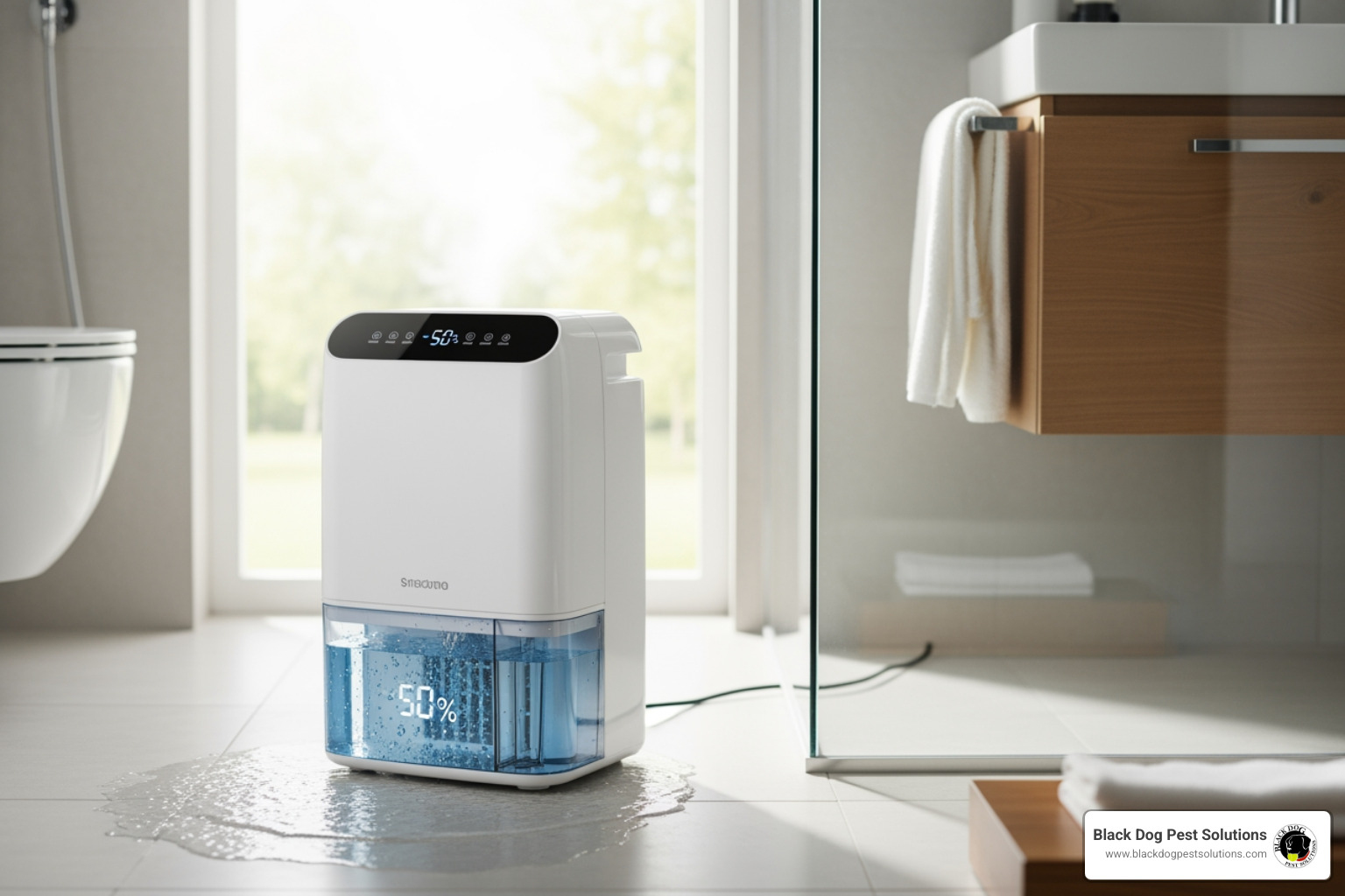 A dehumidifier running in a bathroom to lower humidity below 50% - springtails in bathroom A dehumidifier running in a bathroom to lower humidity below 50% - springtails in bathroom