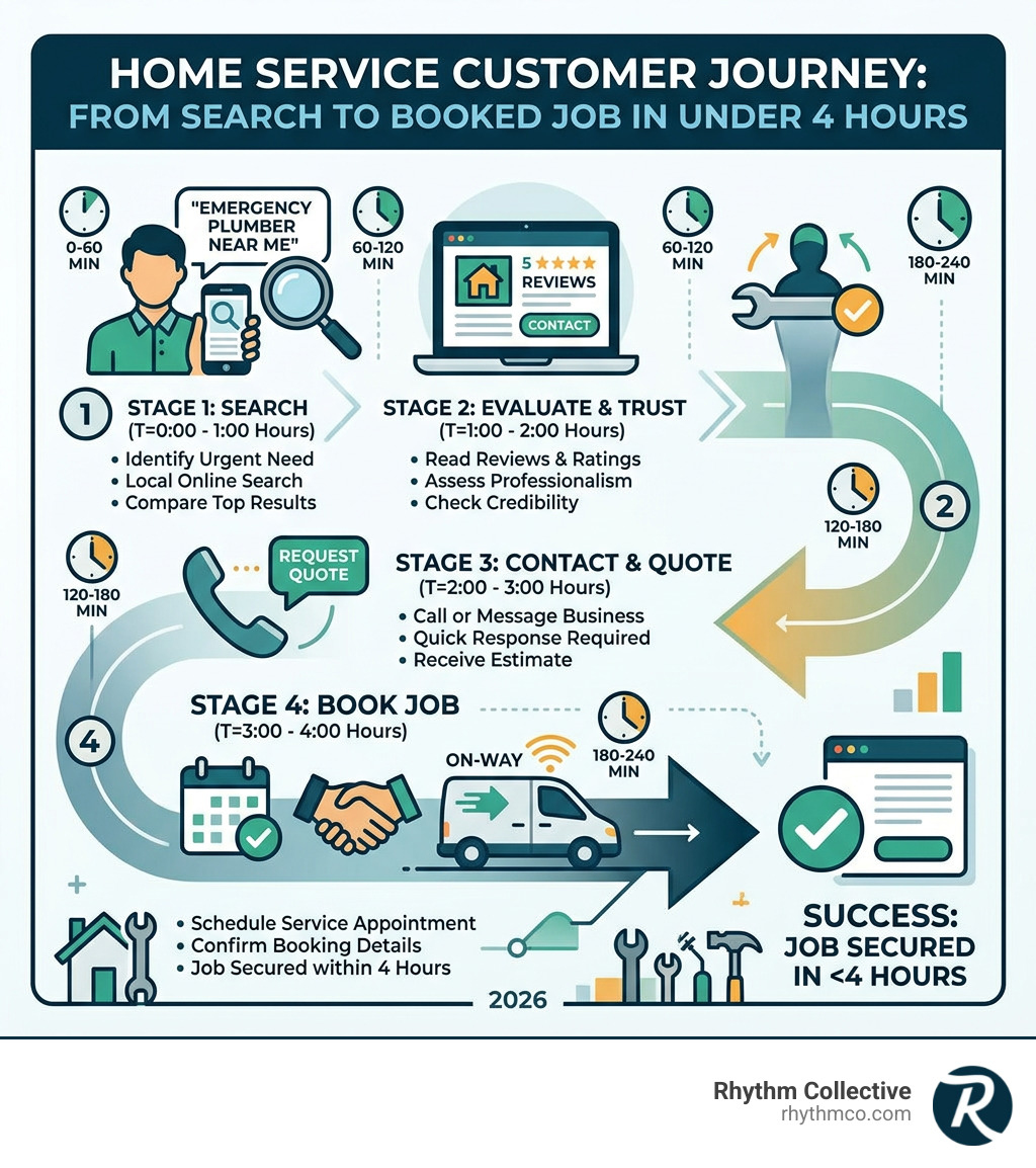 Infographic showing the home service customer journey from search to booked job in under 4 hours - home services advertising Infographic showing the home service customer journey from search to booked job in under 4 hours - home services advertising