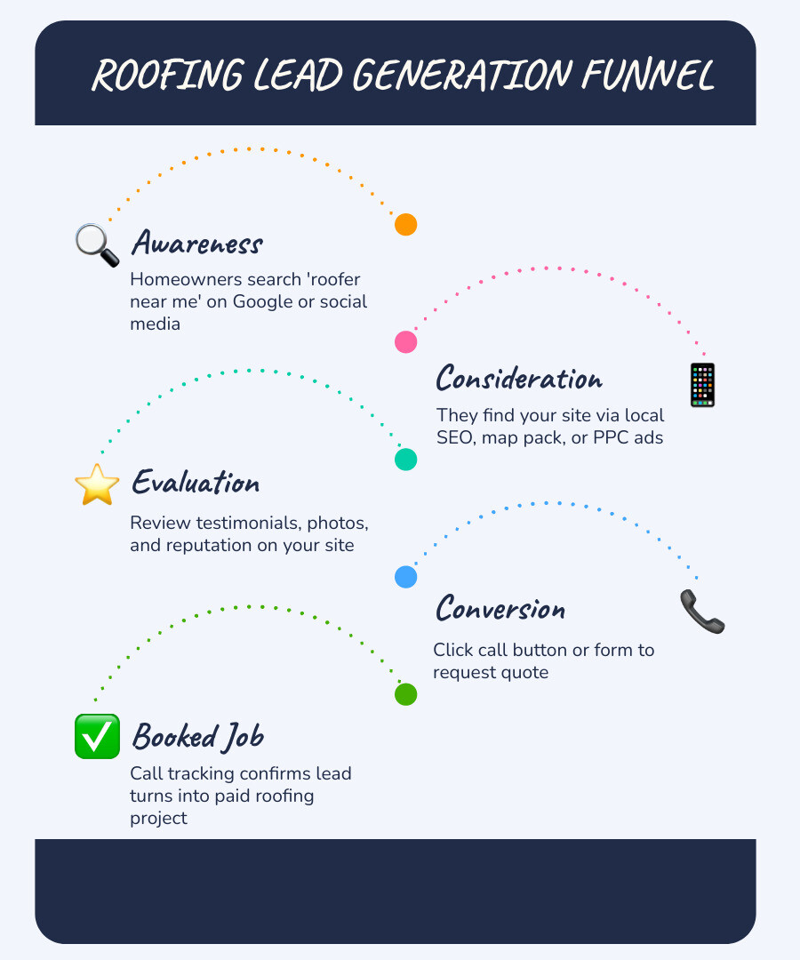 Roofing lead generation funnel from search to booked job infographic - roofer internet marketing services infographic