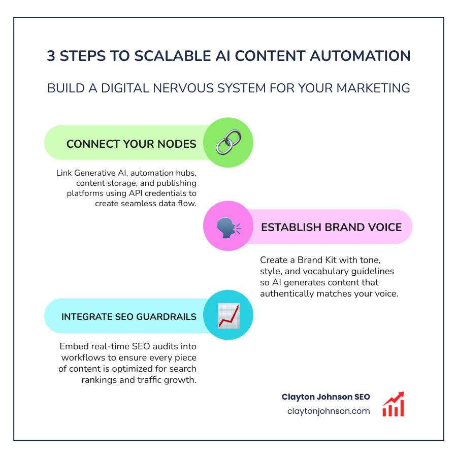 corporate white background infographic showing a step-by-step automation setup: api connection, brand voice training, and