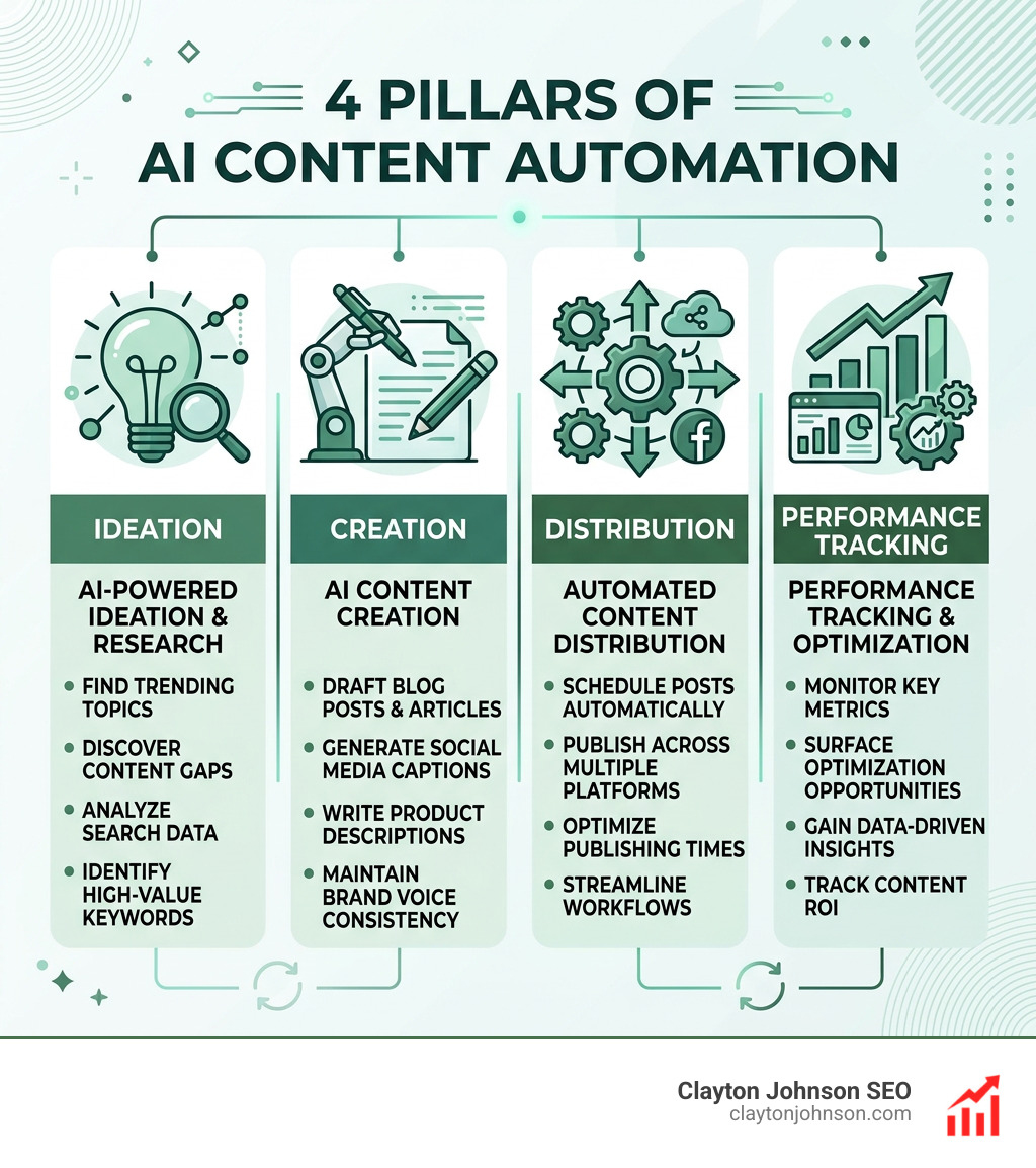 Infographic showing the 4 pillars of AI content automation: ideation, creation, distribution, performance tracking - ai