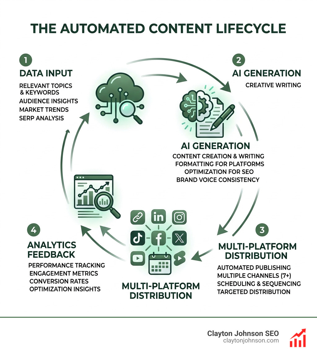infographic showing the automated content lifecycle: data input, ai generation, multi-platform distribution, and analytics